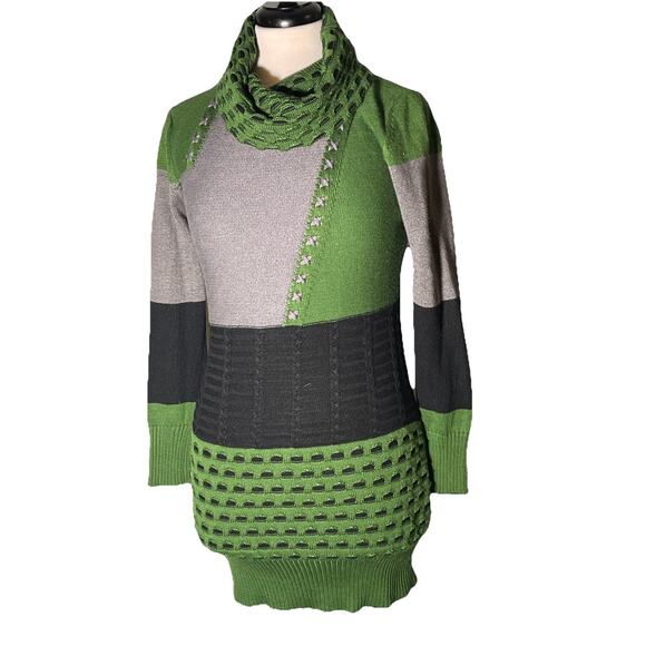 Women's Long Sleeve Color block Cowl Neck Green Black Knit Medium Warm Sweater - Picture 1 of 4